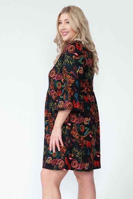 28 PQ-B {Scripted Style} Black Print Keyhole Babydoll Dress PLUS SIZE XL 2X 3X