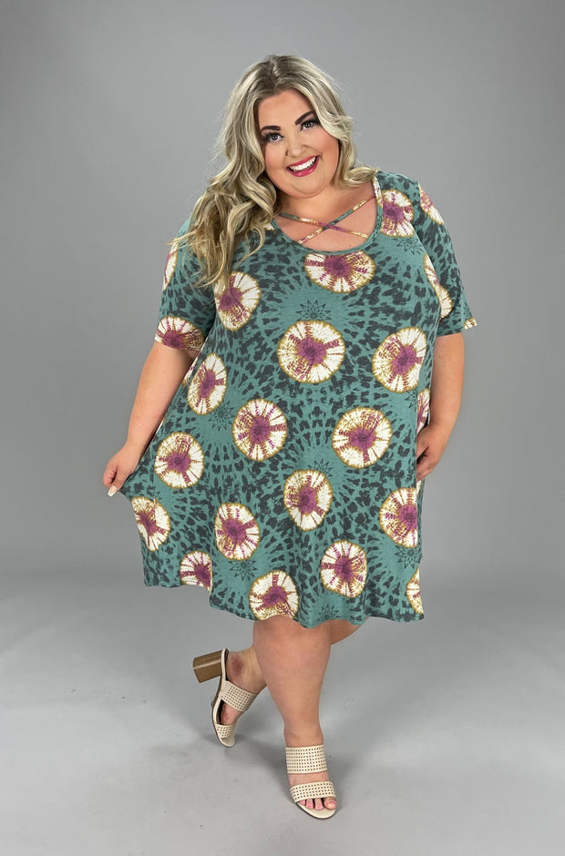 57 PSS-C {Feeling Superior} Teal Criss Cross Tie Dye Dress EXTENDED PLUS SIZE 3X 4X 5X