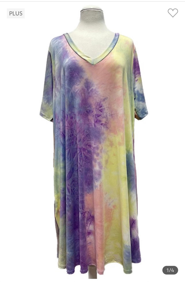 76 PSS-E {Pastel Paradise} Lilac Blue V-Neck Tie Dye Dress EXTENDED PLUS SIZE 3X 4X 5X