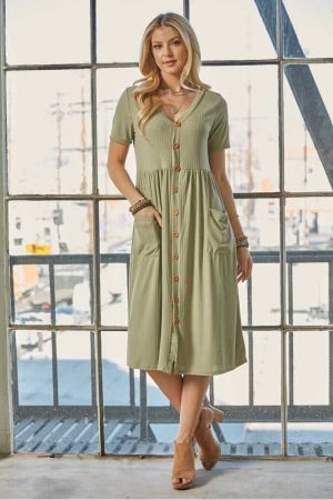 75 SSS-A {Simple Style} Sage Ribbed V-Neck Babydoll Dress PLUS SIZE 1X 2X 3X