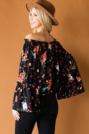 96 OS-A {Make My Heart Race} Black Floral Ruffled Sleeve Top PLUS SIZE XL 2X 3X