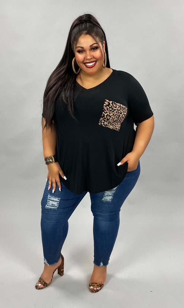 29 SD-A {Spotty Place}  Black V-neck Leopard Pocket T-Shirt PLUS SIZE 1X 2X 3X