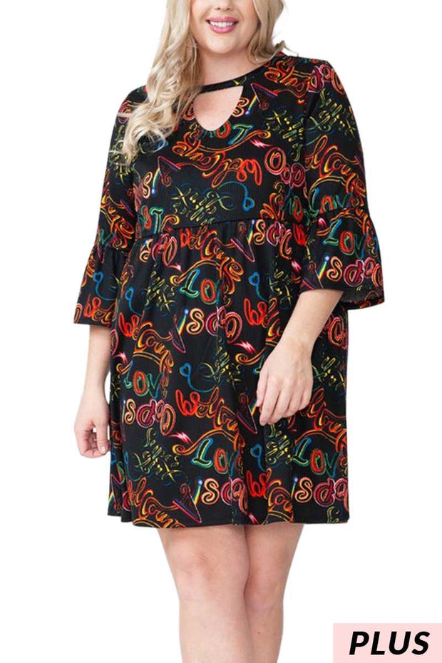 28 PQ-B {Scripted Style} Black Print Keyhole Babydoll Dress PLUS SIZE XL 2X 3X