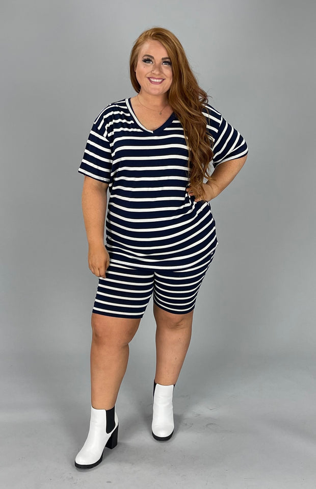 36 SET-G {Final Countdown} Navy Striped Short Set EXTENDED PLUS SIZE 1X 2X 3X 4X 5X