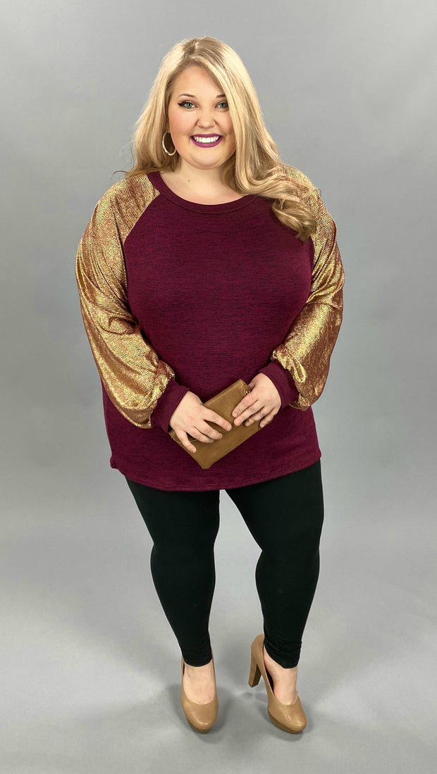 29 CP-G {My Time To Shine} Maroon Gold Metallic Top w/ Cuffed Sleeve  PLUS SIZE XL 2X 3X