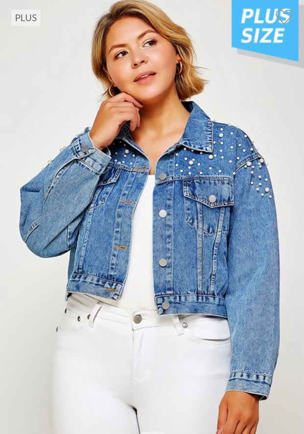 41 OT-B  {Elegant Denim} Denim Jacket with Pearl Detail (RUNS SMALL) PLUS SIZE 1X/2X 2X/3X