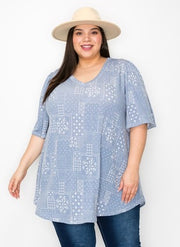 15 PSS-V {A New Passion} Denim Blue Print V-Neck Top EXTENDED PLUS SIZE 3X 4X 5X