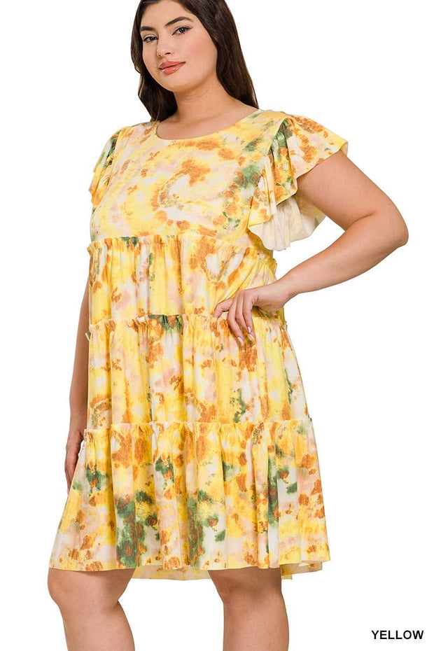 31 PSS-D {Sending Love} Yellow Print Ruffle Tiered Dress PLUS SIZE 1X 2X 3X