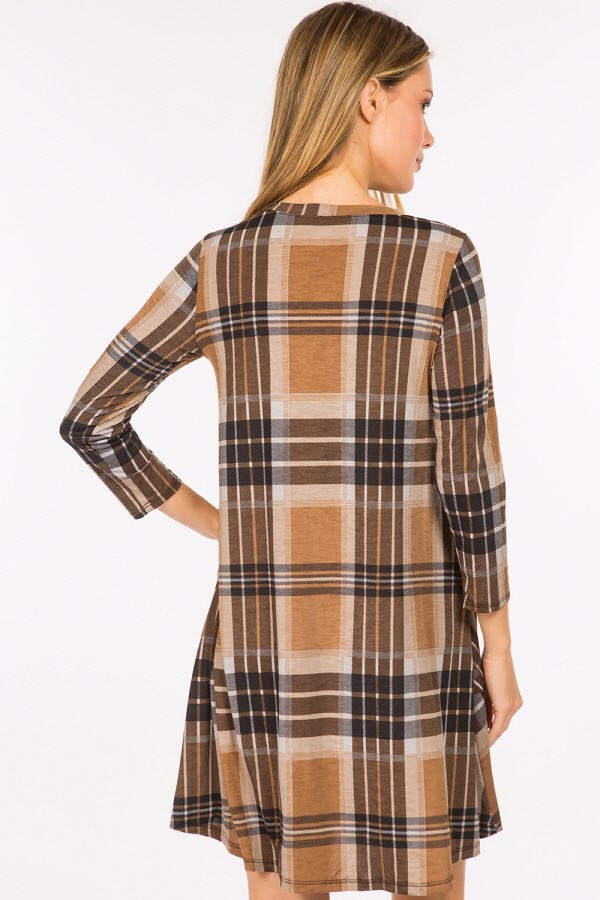 76 PLS-Z {Just That Simple} Taupe Plaid Dress W/Pockets PLUS SIZE 1X 2X 3X