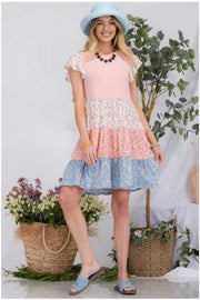73 PSS-Z [Peach Fantasy} Peach Floral Tiered Dress PLUS SIZE 1X 2X 3X