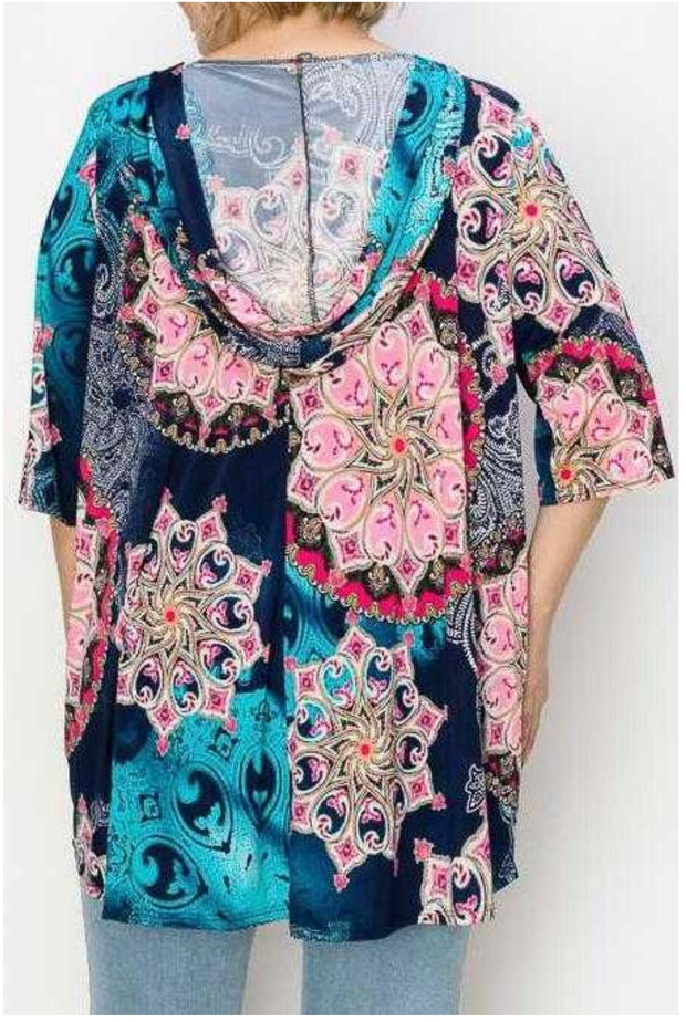 53 PQ-A {Into The Mix} Navy Mandala  ***FLASH SALE*** Print Top W/ Hood EXTENDED PLUS SIZE 4X, 5X, 6X