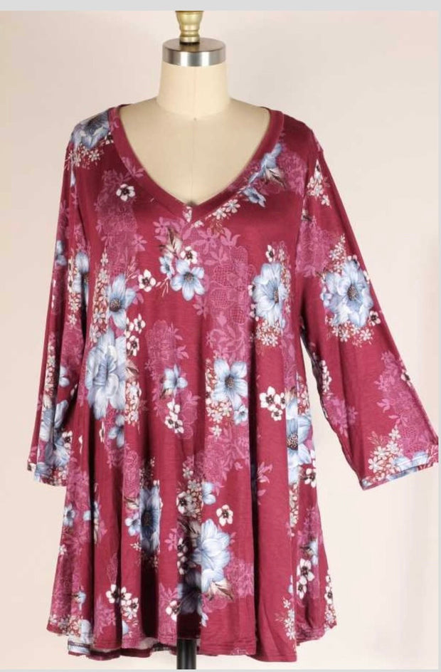 26 PQ-E {Moments Of Time} Wine Blue Floral Print V-Neck Top EXTENDED PLUS SIZE 3X 4X 5X
