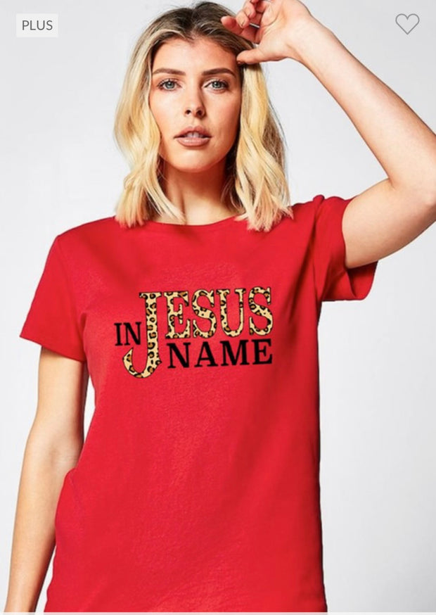 49 GT {In Jesus Name} Red/Leopard Script Graphic Tee PLUS SIZE 1X 2X 3X