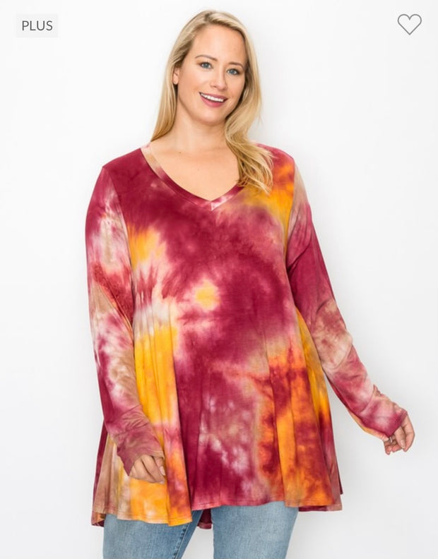 21 PLS-A {Wine & Dine} Wine Tie Dye V-Neck Top PLUS SIZE XL 2X 3X