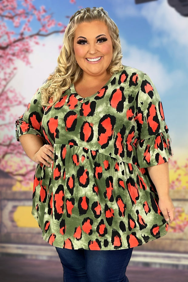 30 PQ-J {Full Of Hope} Olive Leopard Print Babydoll Top EXTENED PLUS SIZE 3X 4X 5X