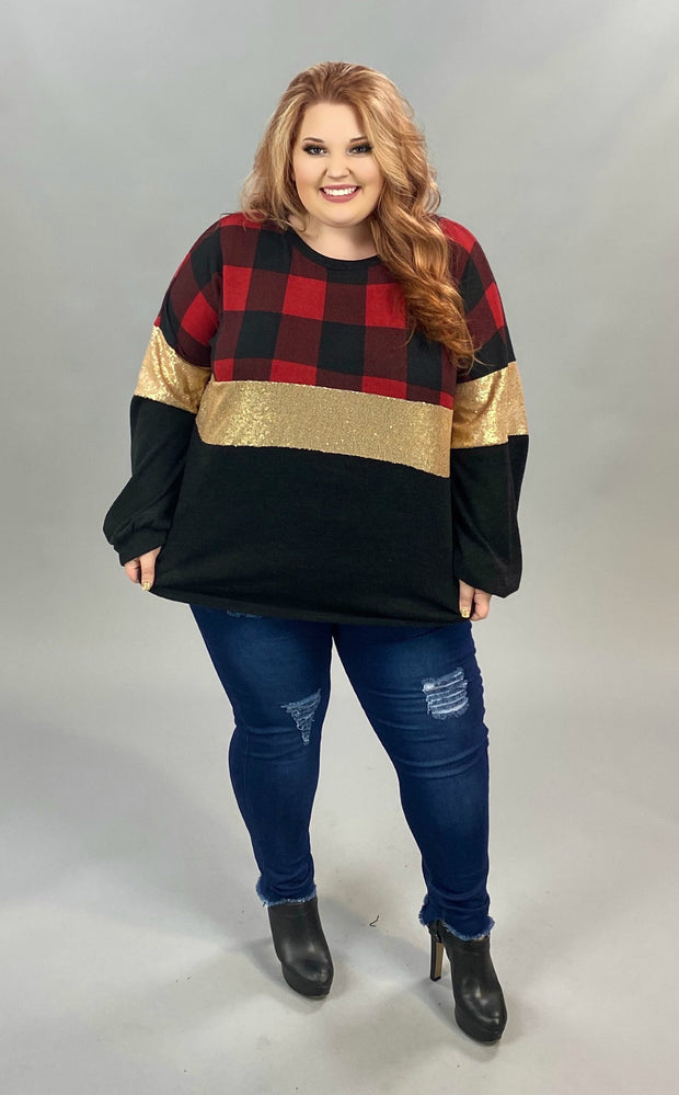 21 CP-P {Call You Soon} Red Black Plaid  Contrast Top PLUS SIZE XL 2X 3X