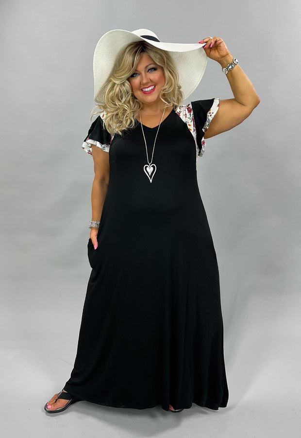 LD-R {Everyday Stunner} ***SALE***Black Long Dress Floral Sleeves PLUS SIZE 1X 2X 3X