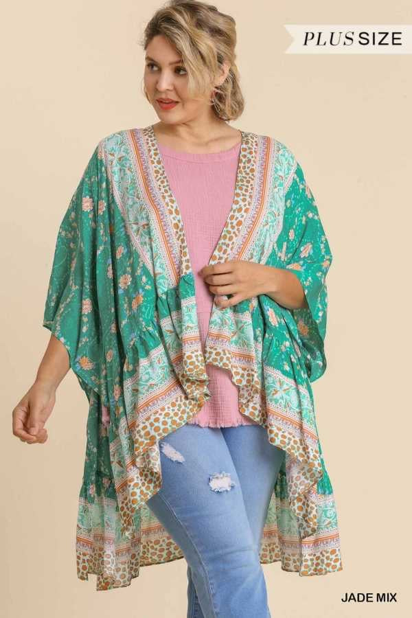 38 OT-Y {Someone To Love} Umgee Jade Floral Kimono PLUS SIZE XL/1X  1X/2X