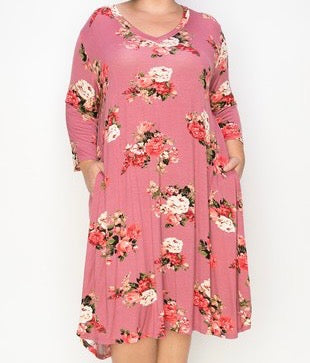 95 PQ-A {Florally Honest} Mauve Floral V-Neck Dress EXTENDED PLUS SIZE 3X 4X 5X