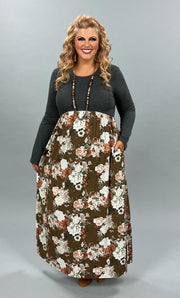 LD-R {Fall Dreams} Charcoal/Brown Floral Long Dress PLUS SIZE 1X 2X 3X SALE!!!!