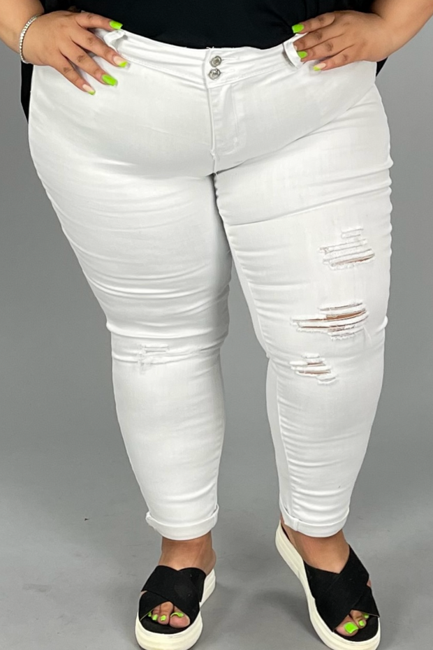 LEG-83 or BT-J {YMI Wanna Betta Butt} White Ripped Cuffed Ankle Jeans PLUS SIZE 14 16 18 20