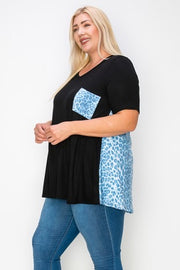 13 CP-A {Instant Love} Black/Blue Animal Print V-Neck Top PLUS SIZE 3X 4X 5X