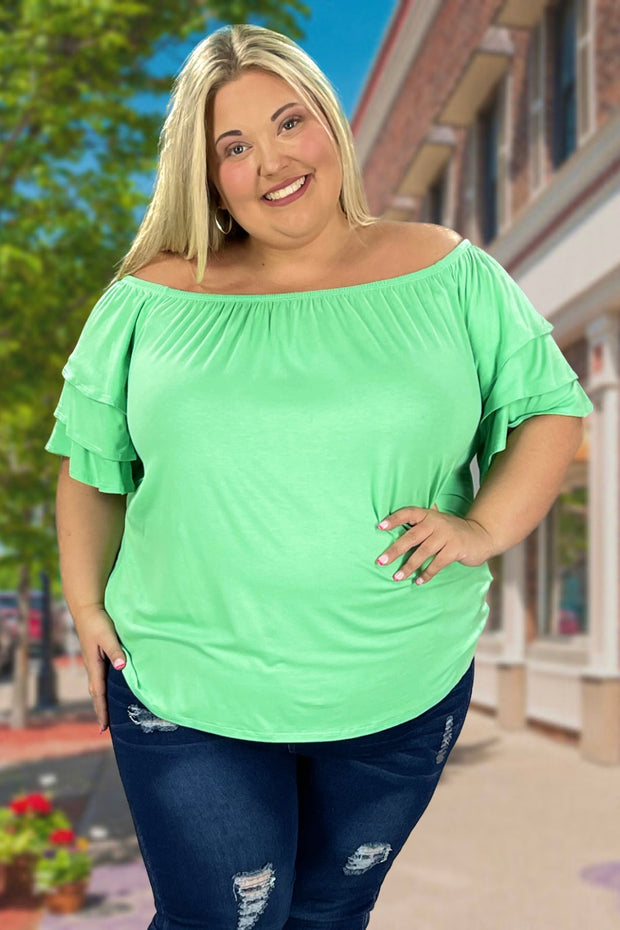 76 OS-B {Here For You} Mint Off Shoulder Ruffle Sleeve Top PLUS SIZE 1X 2X 3X