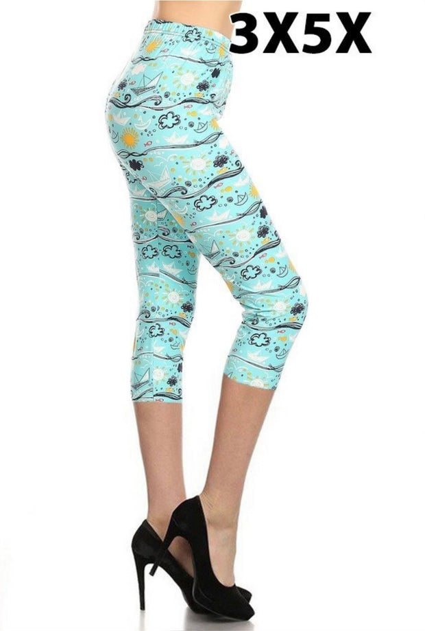 LEG-98 {Sunshine & Sailboats} Aqua Sailboat Butter Soft Capri Leggings EXTENDED PLUS SIZE 3X/5X