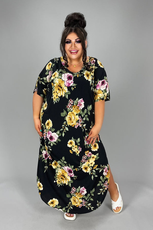 LD-M {Enchanting Memory} ***SALE***Black Floral V-Neck Long Dress PLUS SIZE 1X 2X 3X