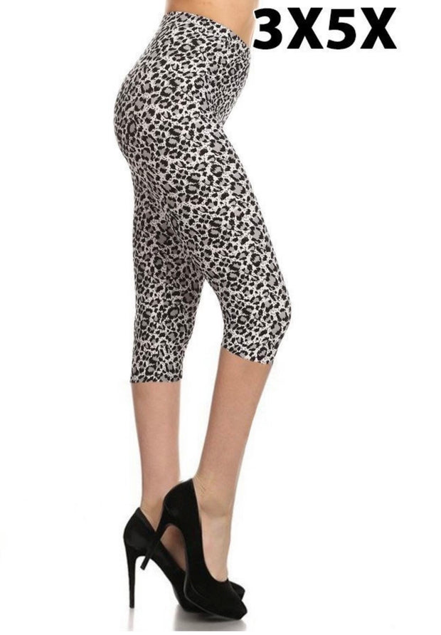 LEG-59 {Leopard Delight} Grey Leopard Butter Soft Capri Leggings EXTENDED PLUS SIZE 3X/5X