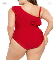 SWIM-A {One Shoulder Wonder} Red Ruffled One Piece Swimsuit PLUS SIZE 1X 2X 3X