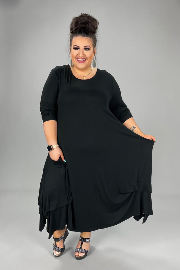 LD-S {All Time Fav} SALE!! Black 3/4 Sleeve Gathered Side Dress PLUS SIZE 1X 2X 3X