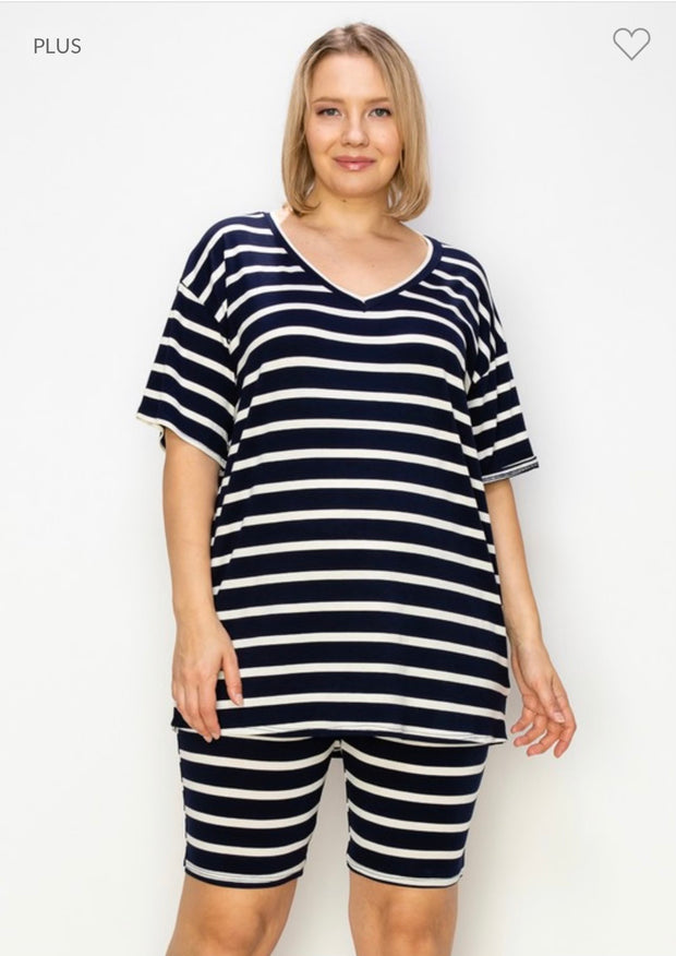 36 SET-G {Final Countdown} Navy Striped Short Set EXTENDED PLUS SIZE 1X 2X 3X 4X 5X