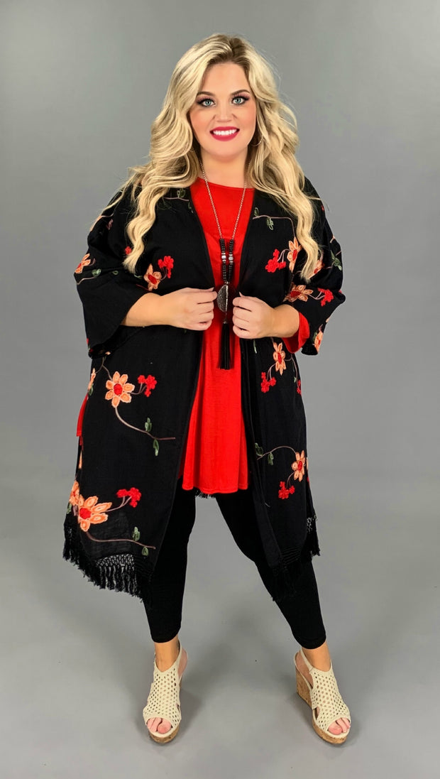 OT-A {Overcome The Day} SALE!  Black Floral Long Cardigan W/ Fringe