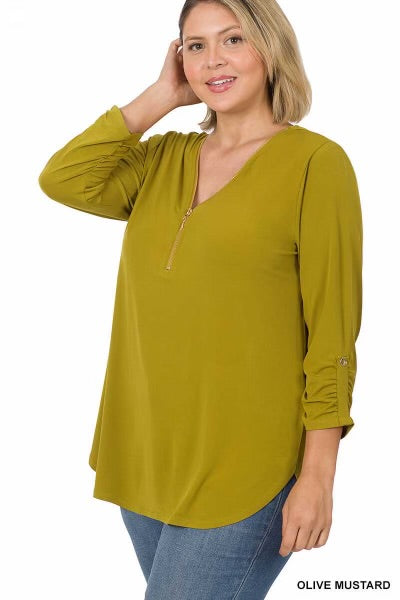 33 SD-B {Classy Threads} Olive Top with Gold Zipper Detail PLUS SIZE 1X 2X 3X