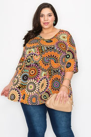 44 PQ-A {Look My Way} Orange Print V-Neck Babydoll Top EXTENDED PLUS SIZE 3X 4X 5X