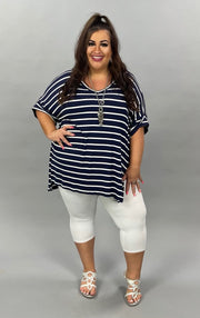 63 PSS-B {Good Energy} SALE!! Navy Striped Top Cuffed Sleeves PLUS SIZE XL 2X 3X