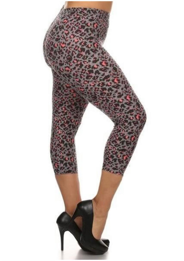 LEG-54 {Watch Me Leave) Gray/Pink Leopard Butter Soft Capri Leggings Plus Size