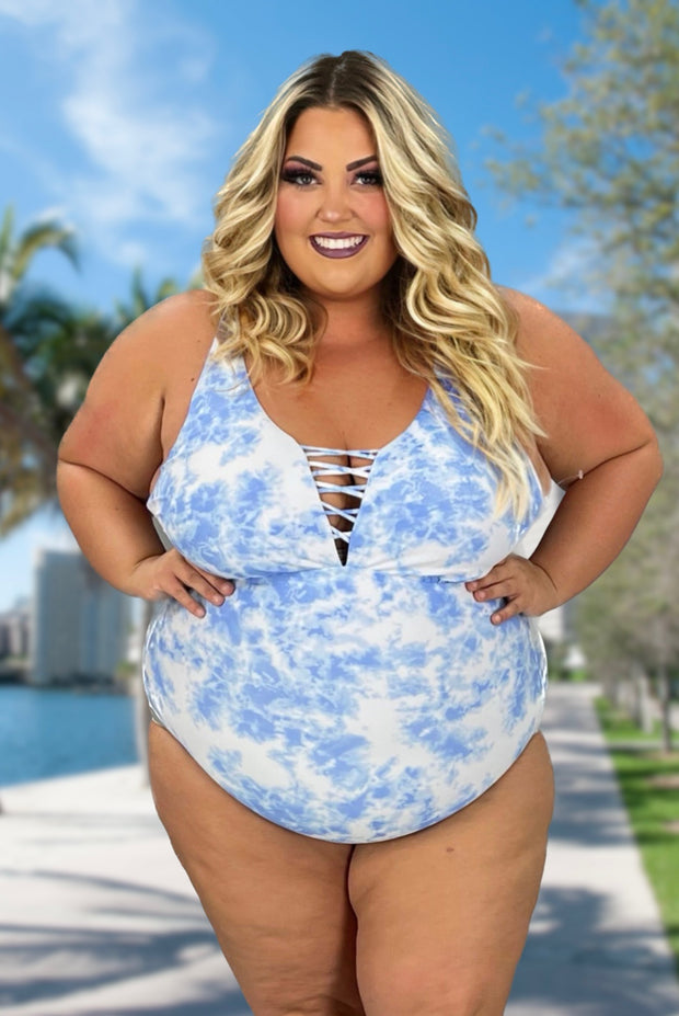 SWIM-I {Water And Waves} Blue Tie Dye One Piece Swimsuit PLUS SIZE 1X 2X 3X