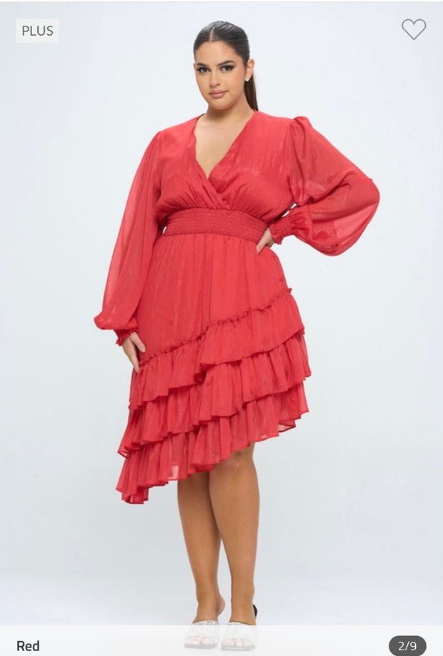 LD-G {Excited For This} Red Smocked Ruffle Hem Lined Dress PLUS SIZE 1X 2X 3X