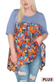 92 CP-I {Style Is Forever} SALE!! Blue/Orange Floral Print Top PLUS SIZE XL 2X 3X