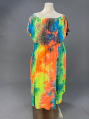 LD-Z {Always Carefree} Blue/Orange Tie Dye Off Shoulder Maxi Dress CURVY BRAND!!!  EXTENDED PLUS SIZE XL 2X 3X 4X 5X 6X