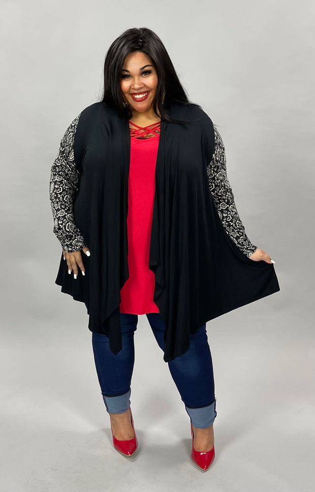 60 OR 26 OT-C {Hidden Agenda} Black Cardigan W/Printed Sleeves PLUS SIZE 1X 2X 3X