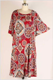 53 PSS-C {Mandala Madness} Burgandy Mandala Print Dress EXTENDED PLUS SIZE 3X, 4X, 5X