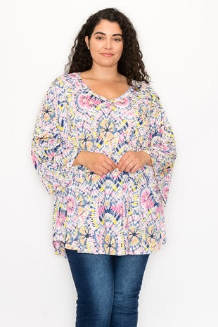 51 PQ-B {Style Bursting} Pink Print V-Neck Ruffle Sleeve Top EXTENDED PLUS SIZE 3X 4X 5X