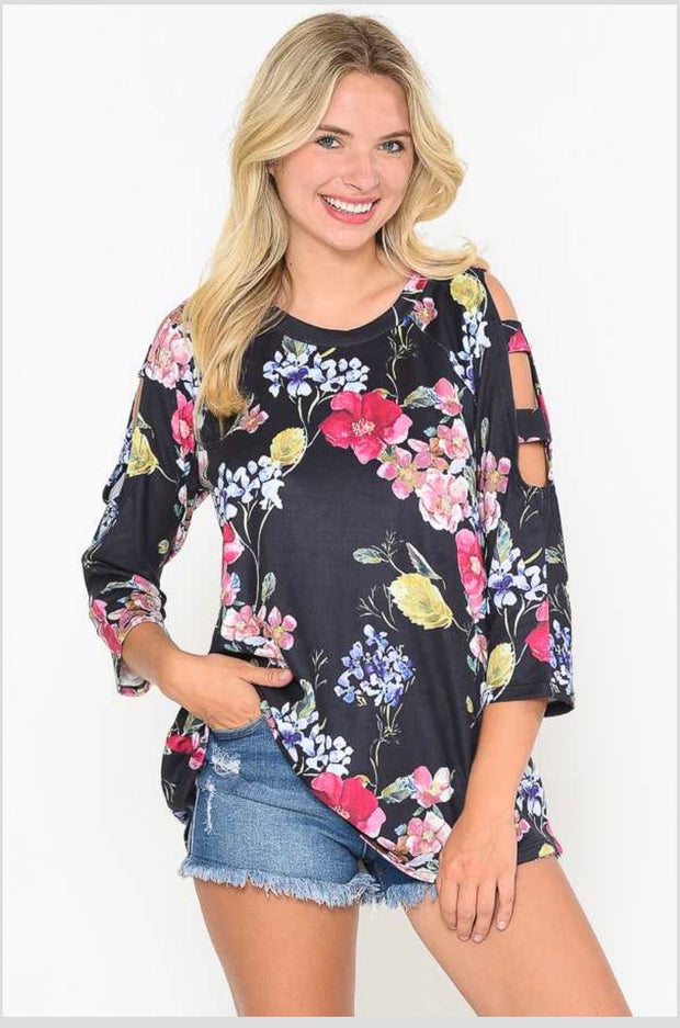 49 OS-A {Flowers In Bloom} ***FLASH SALE***Floral Print Cut Out Sleeve Top PLUS SIZE XL 2X 3X