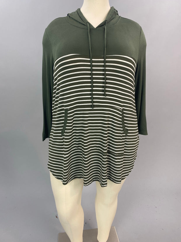 18 HD-C {Curvy Spotlight} Olive/Ivory  Striped Hoodie CURVY BRAND!!  EXTENDED PLUS SIZE 3X 4X 5X 6X