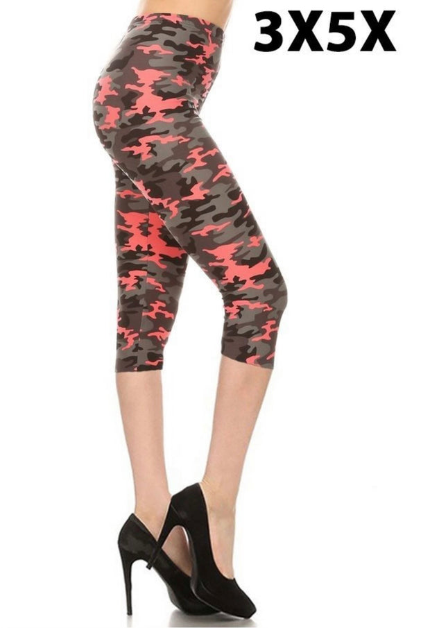 LEG-15- {Corally Camo}  Coral Camo Butter Soft Capri Leggings EXTENDED PLUS SIZE 3X/5X