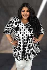 55 PSS {Trust In Curvy} Ivory/Black Rectangle Print Ribbed Tunic CURVY BRAND!!!  EXTENDED PLUS SIZE 4X 5X 6X