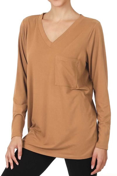 30 SLS-C {Ease Your Mind} Deep Camel V-Neck Top w/Pocket SALE!! PLUS SIZE 1X 2X 3X